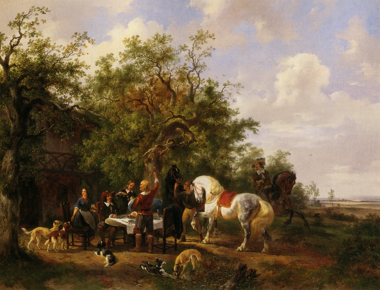 Compagny with horses and dogs at an inn